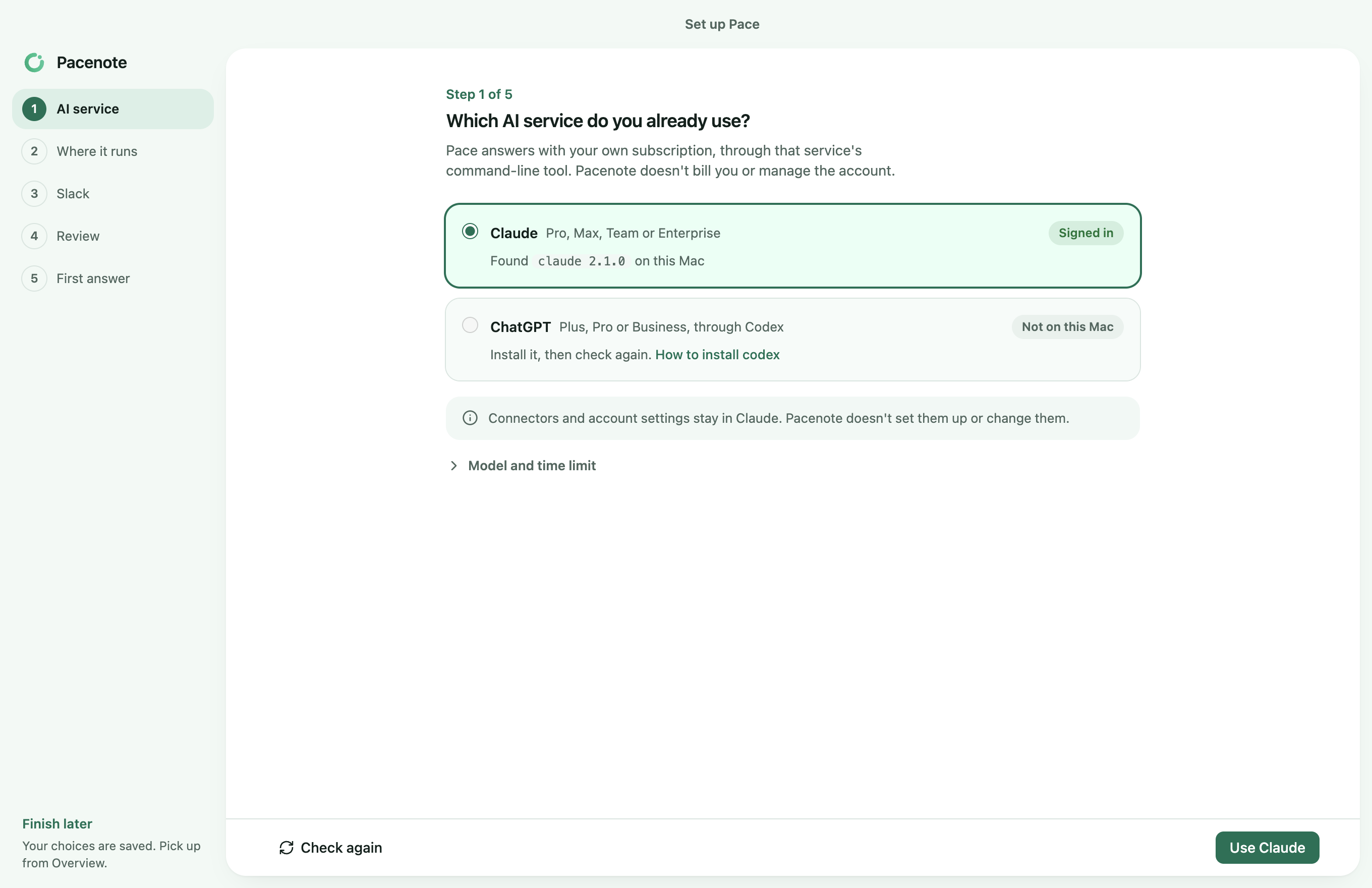 Setup's first step: which AI service you already use